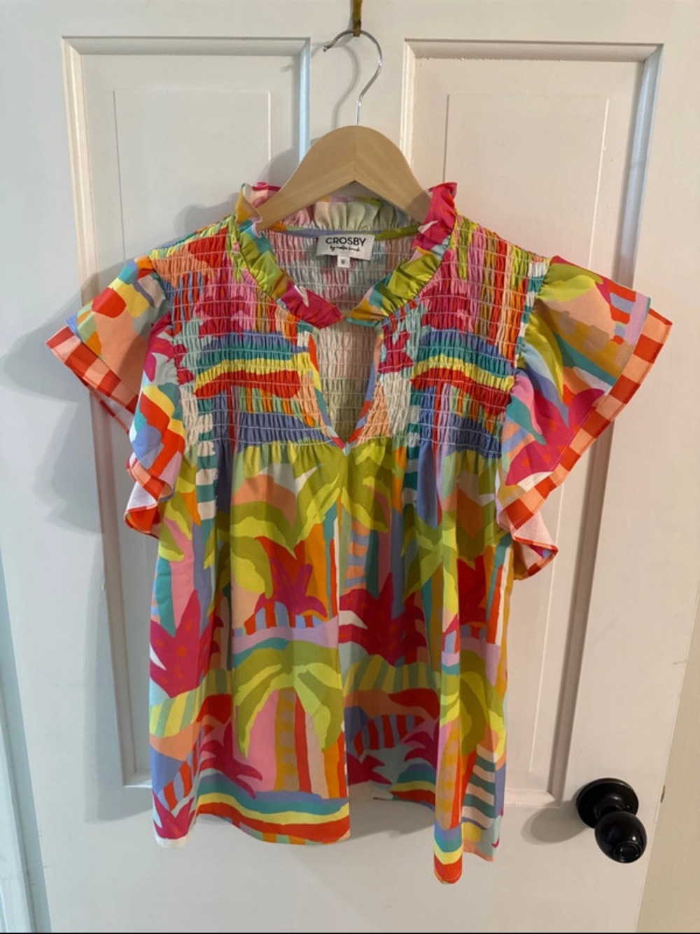 crosby. Bright Multicolor Smocked Flutter-Sleeve Blouse